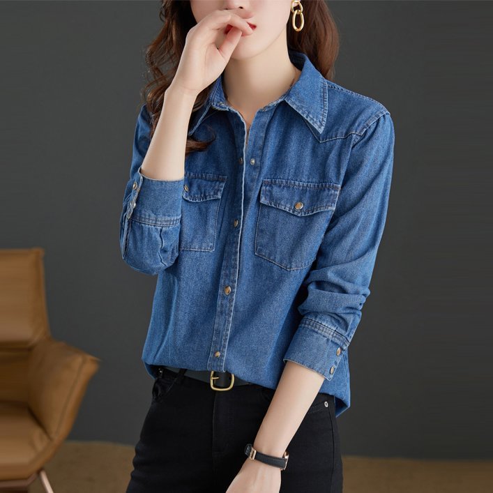 Blue Washed Casual Denim Solid Shirts & Tops