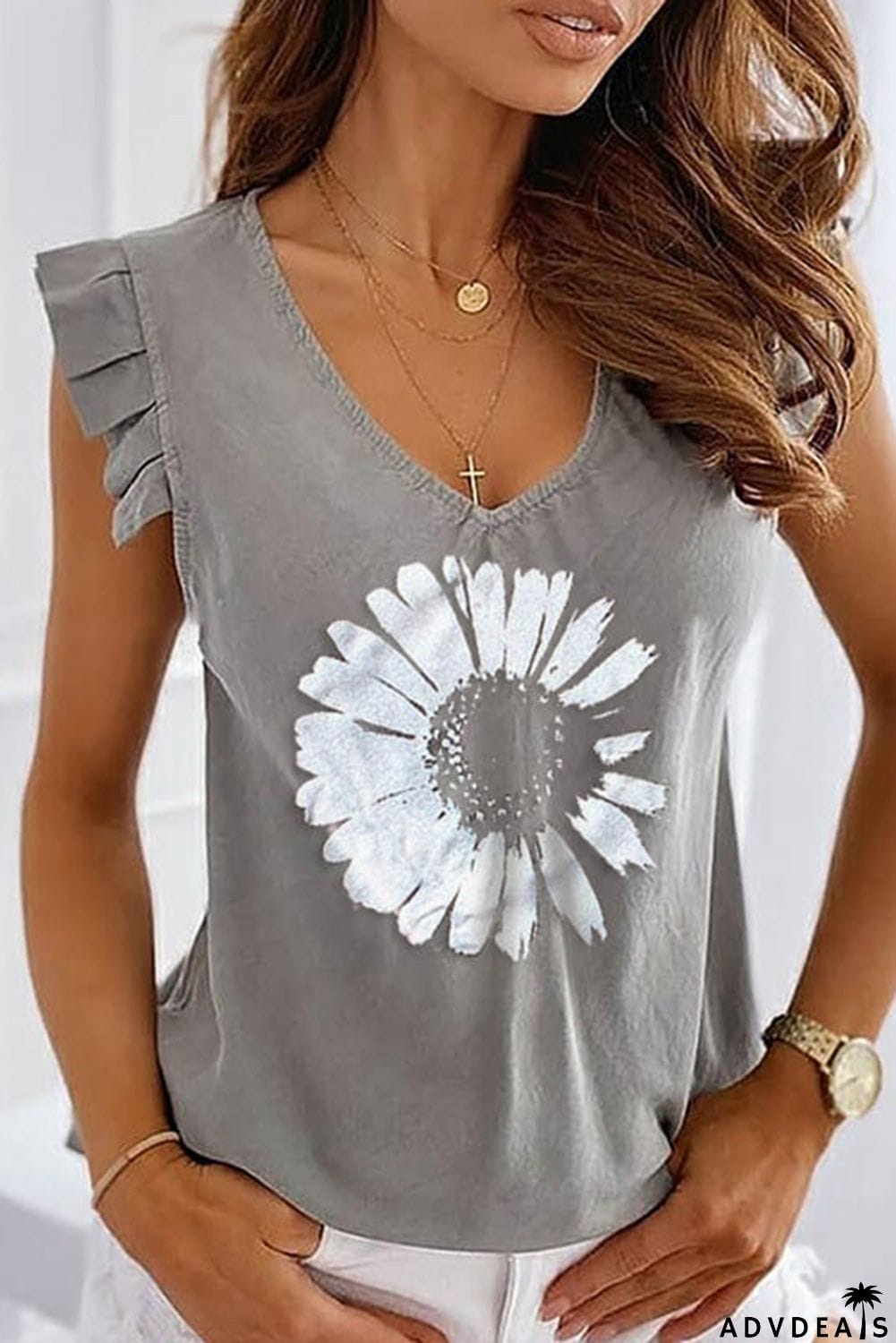 V-Neck Daisy Print Casual Tank Top