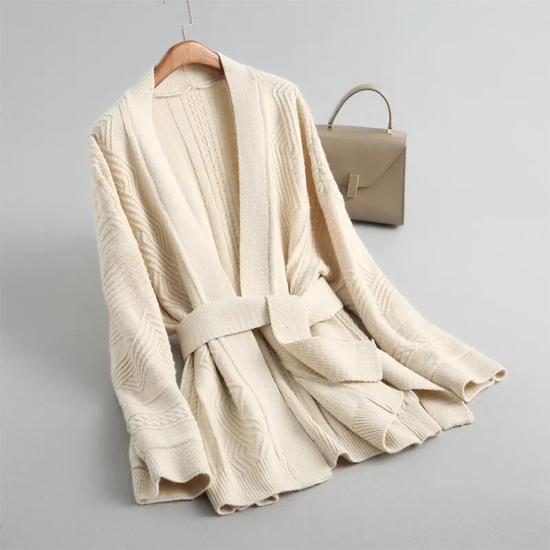 women cardigans and coat casual solid color sweater cardigan sweater thick decorative belt