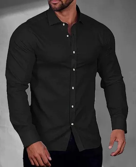 Casual Plain Lapel Collar Long Sleeve Slim Fit Shirt 
