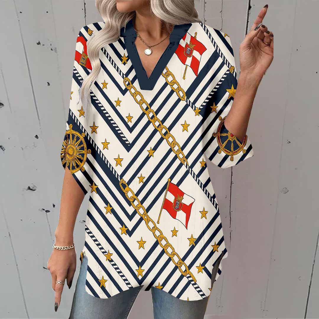 Women Geometric, Black, Gold DZGA0374 3/4 Sleeve V-neck Printed Graphic Button Tops