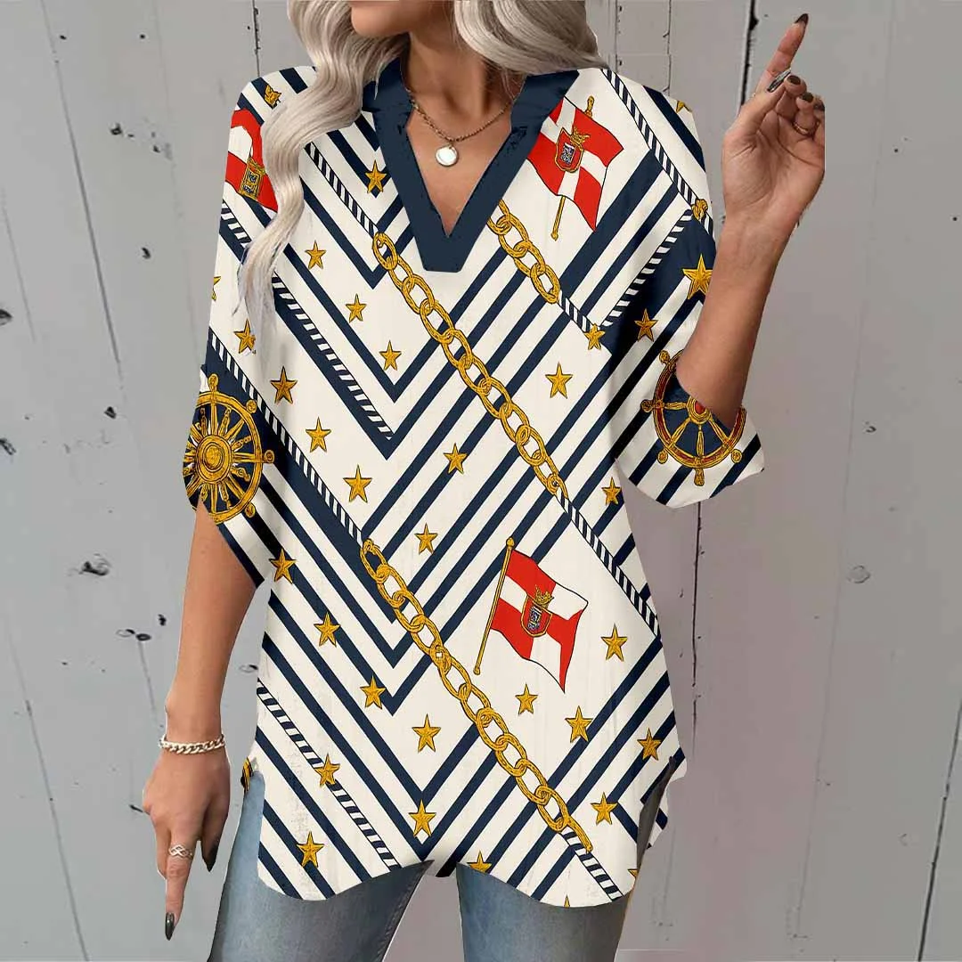 Women Geometric, Black, Gold DZGA0374 3/4 Sleeve V-neck Printed Graphic Button Tops