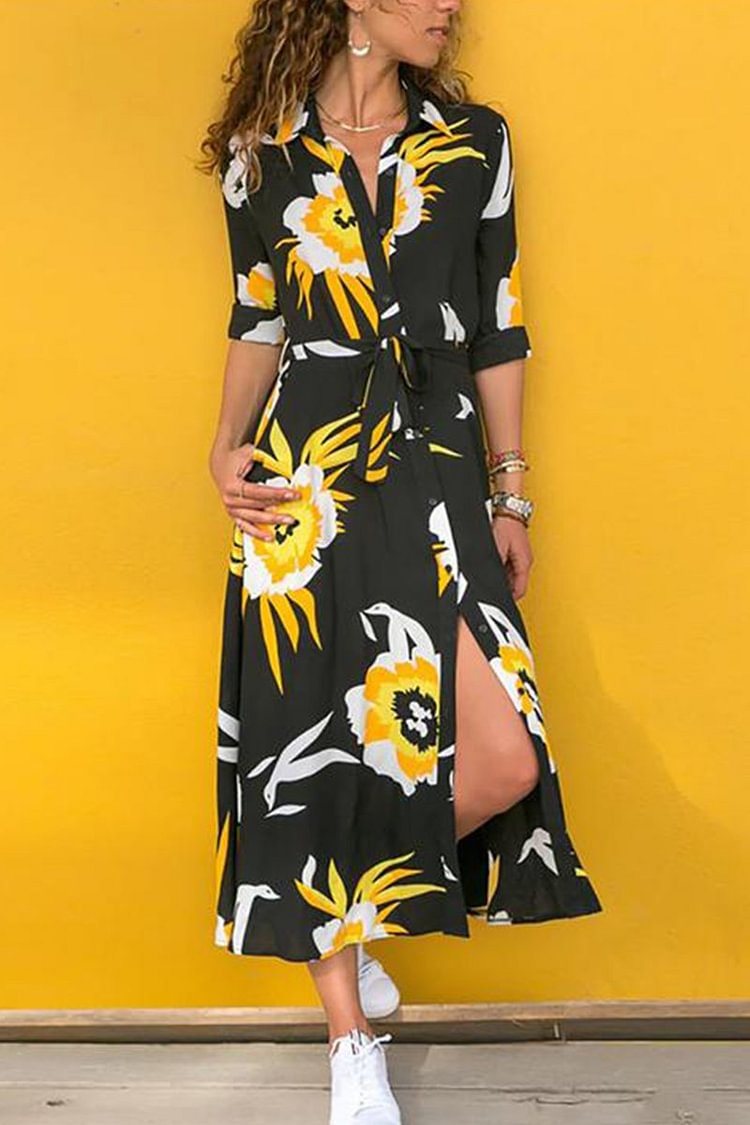 Printed Long Sleeve 4 Colors Midi Dress