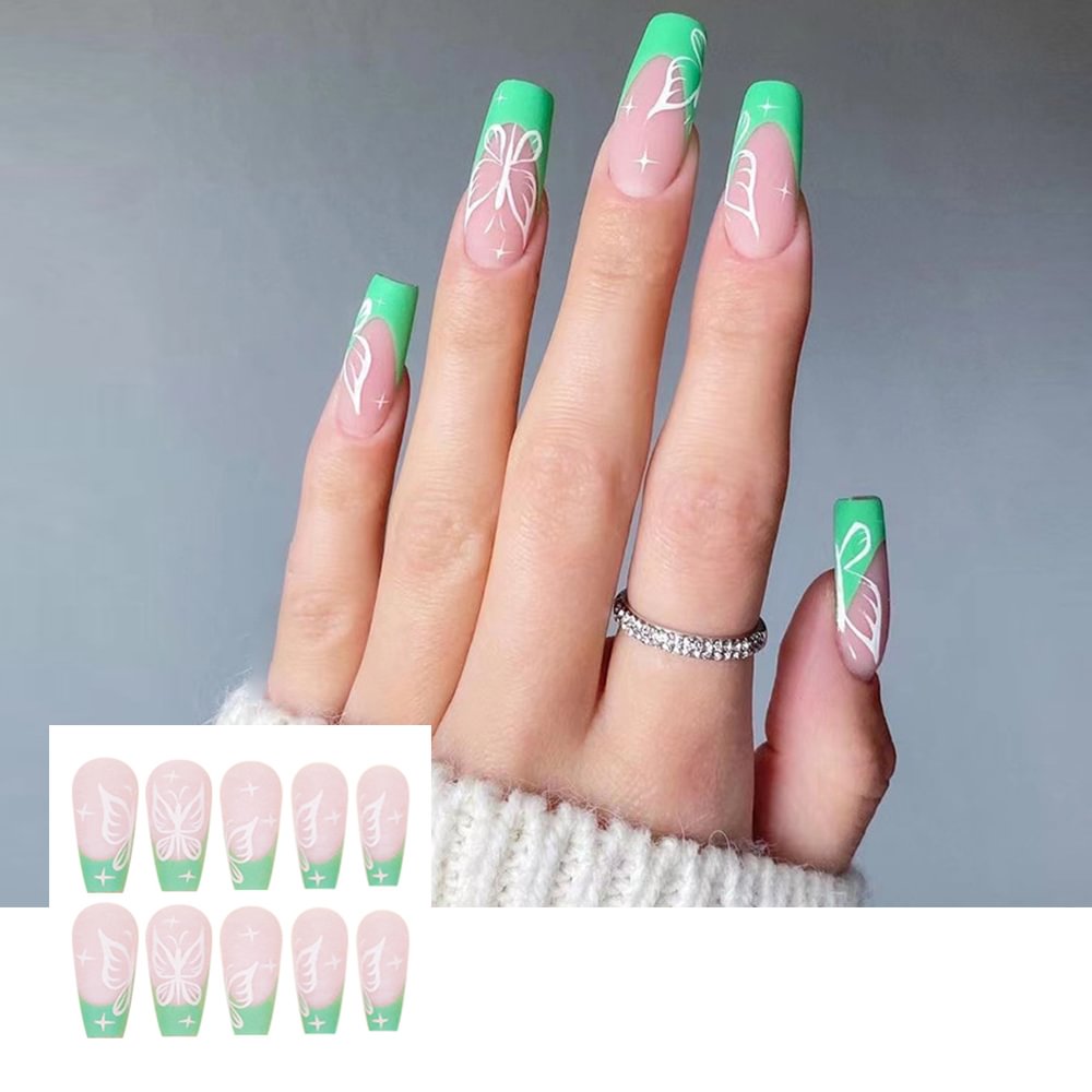 Shecustoms™ 24 PCS Press on Nails Long Coffin Spring Fake Nails Green White Butterfly Style Glue on Nails Reusable