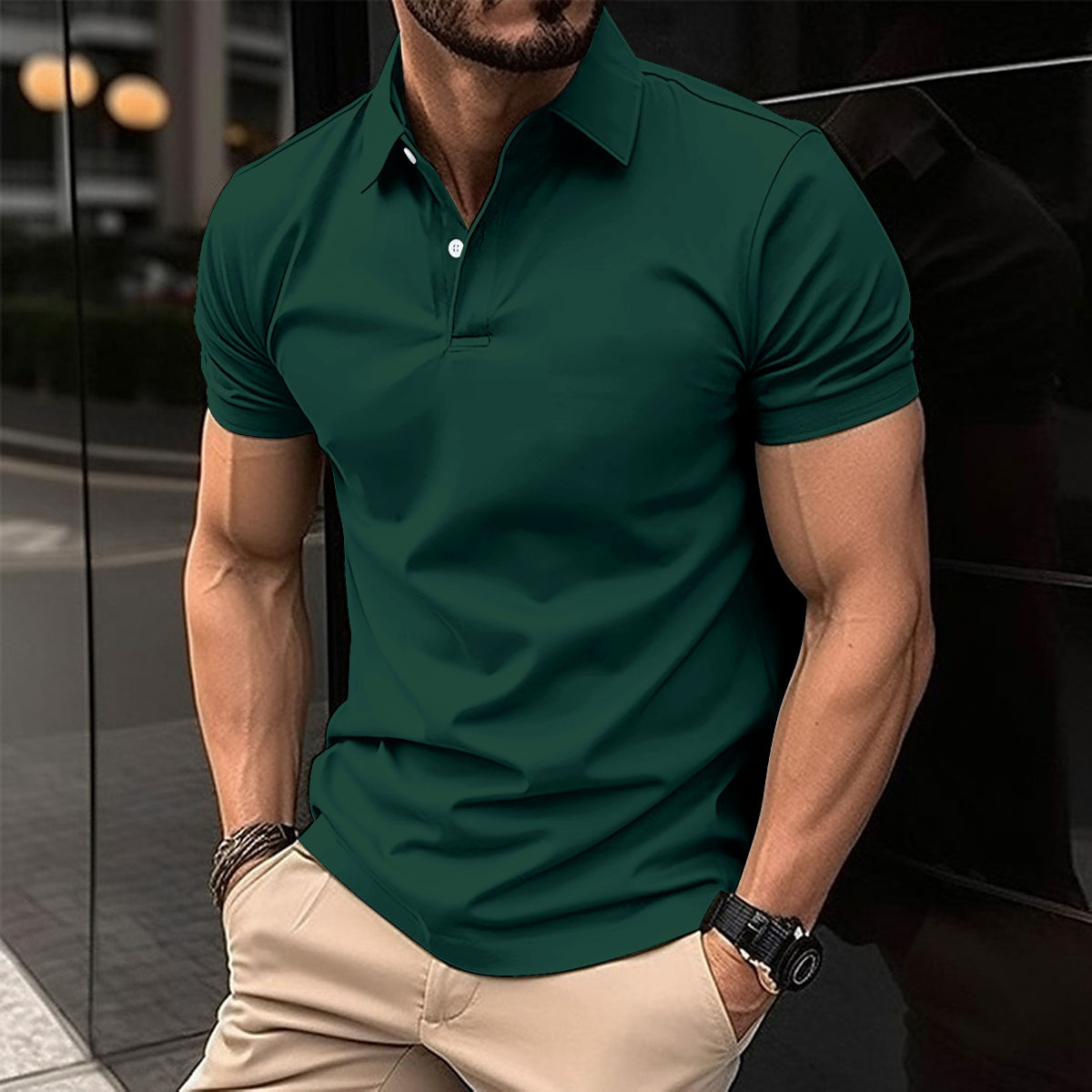 Mature Men Summer Short Sleeve Polo Shirt Solid Color Button Lapel Button Top