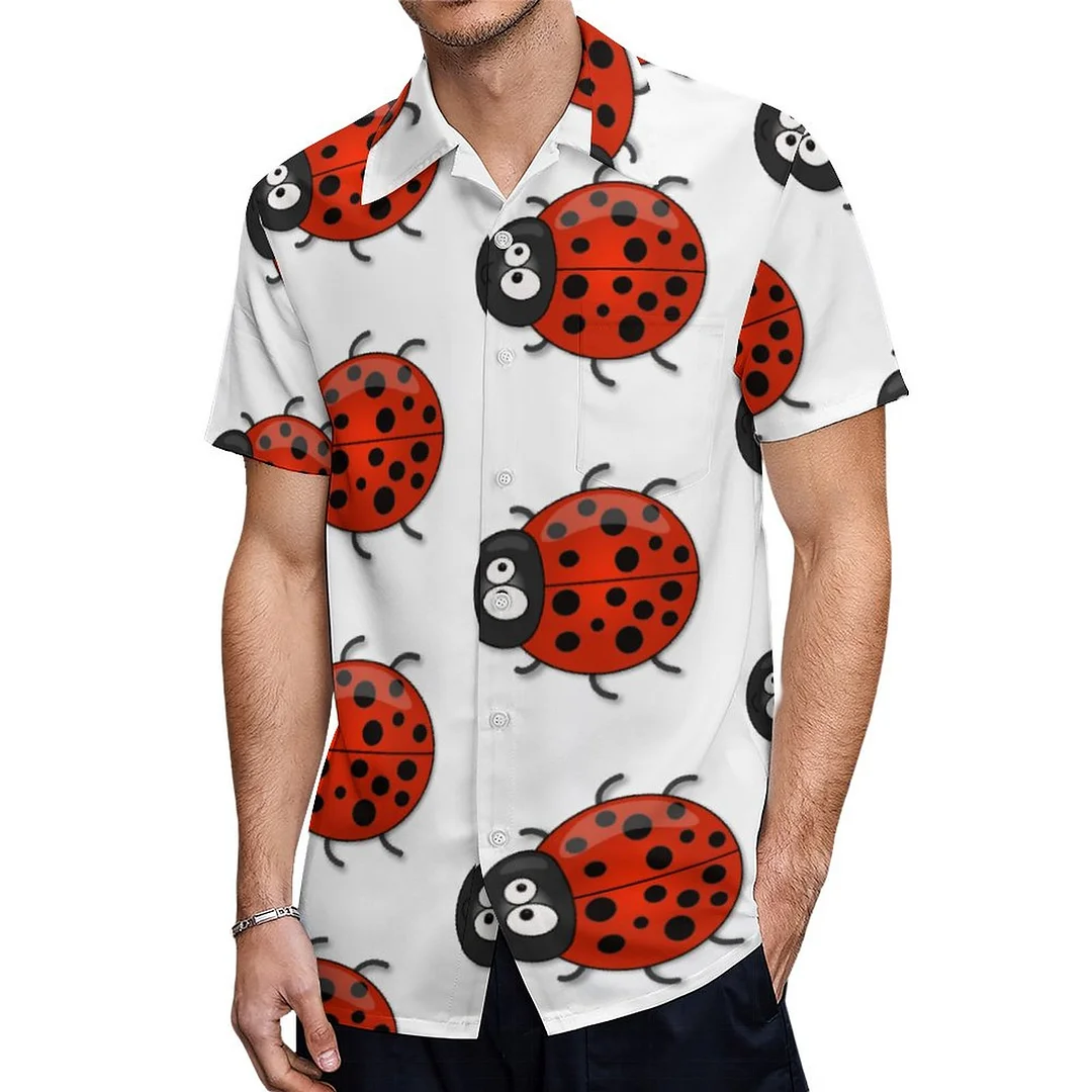Short Sleeve Happy Lady Bug Cartoon Hawaiian Shirt Mens Button Down Plus Size Tropical Hawaii Beach Shirts