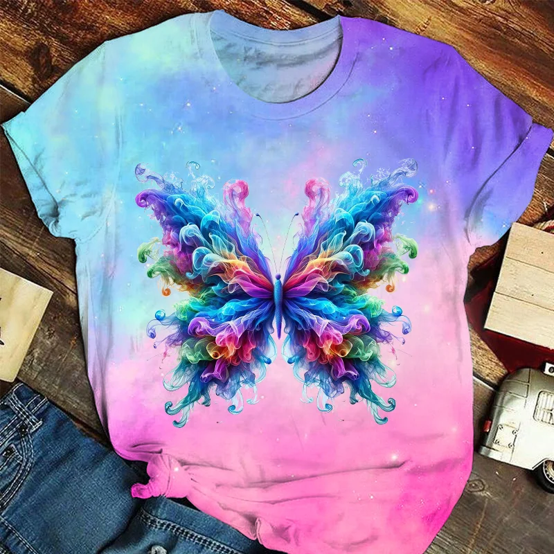 Gradient Butterfly Printed Crew Neck Women's T-shirt