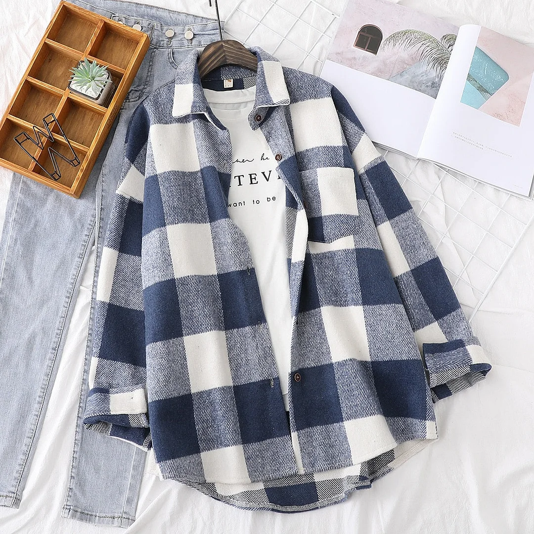 Spring New Women Big Plaid Full Sleeve Thick Warm Woolen Shirt Jacket Winter Oversize Tops Stylish Girl Casual Outwear T0N444T