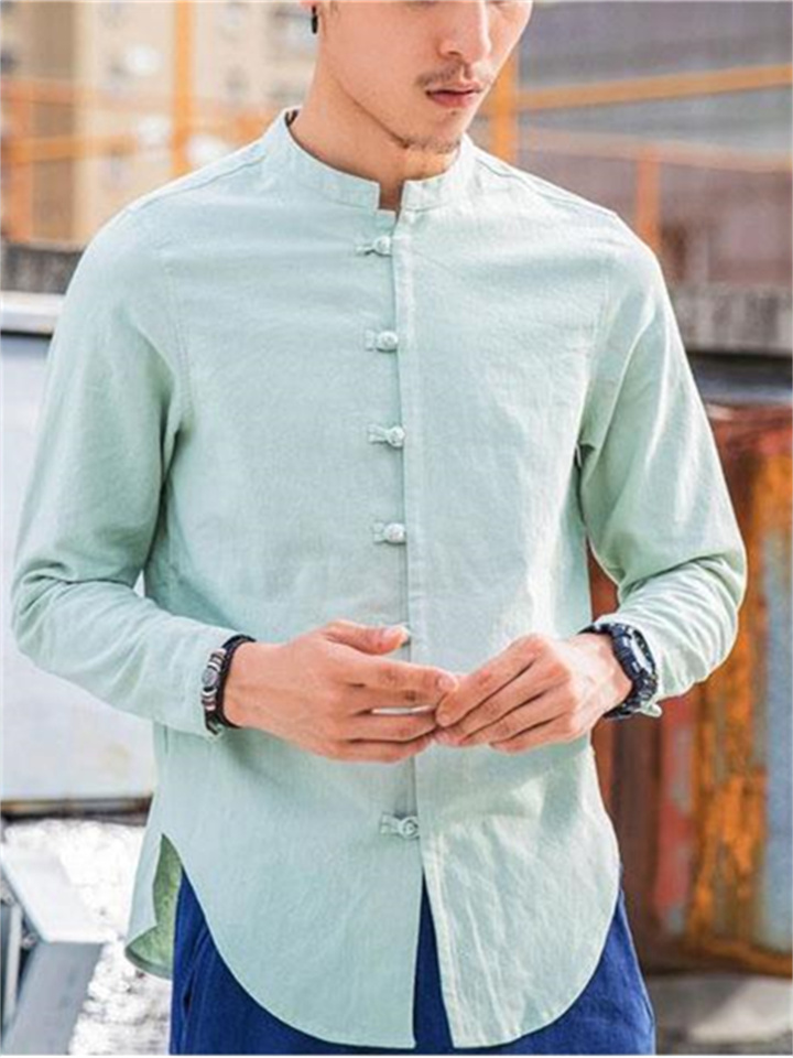 Autumn New Long-sleeved Stand-up Collar Shirt Men's Plus Size Retro Cotton Disk Buckle Solid Color Casual Shirt