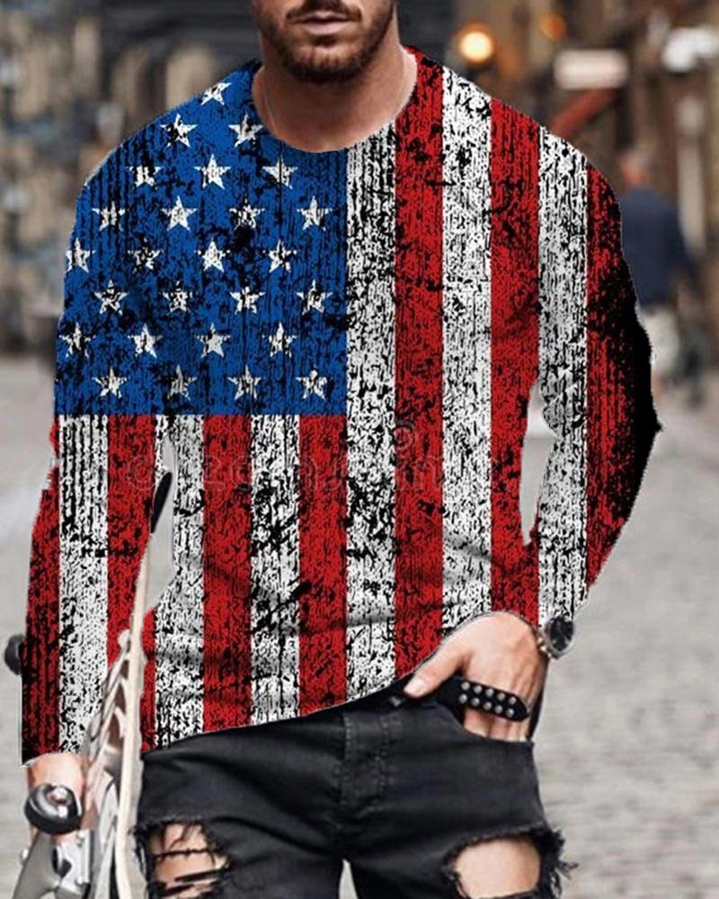 men's national flag printing long-sleeved T-shirt