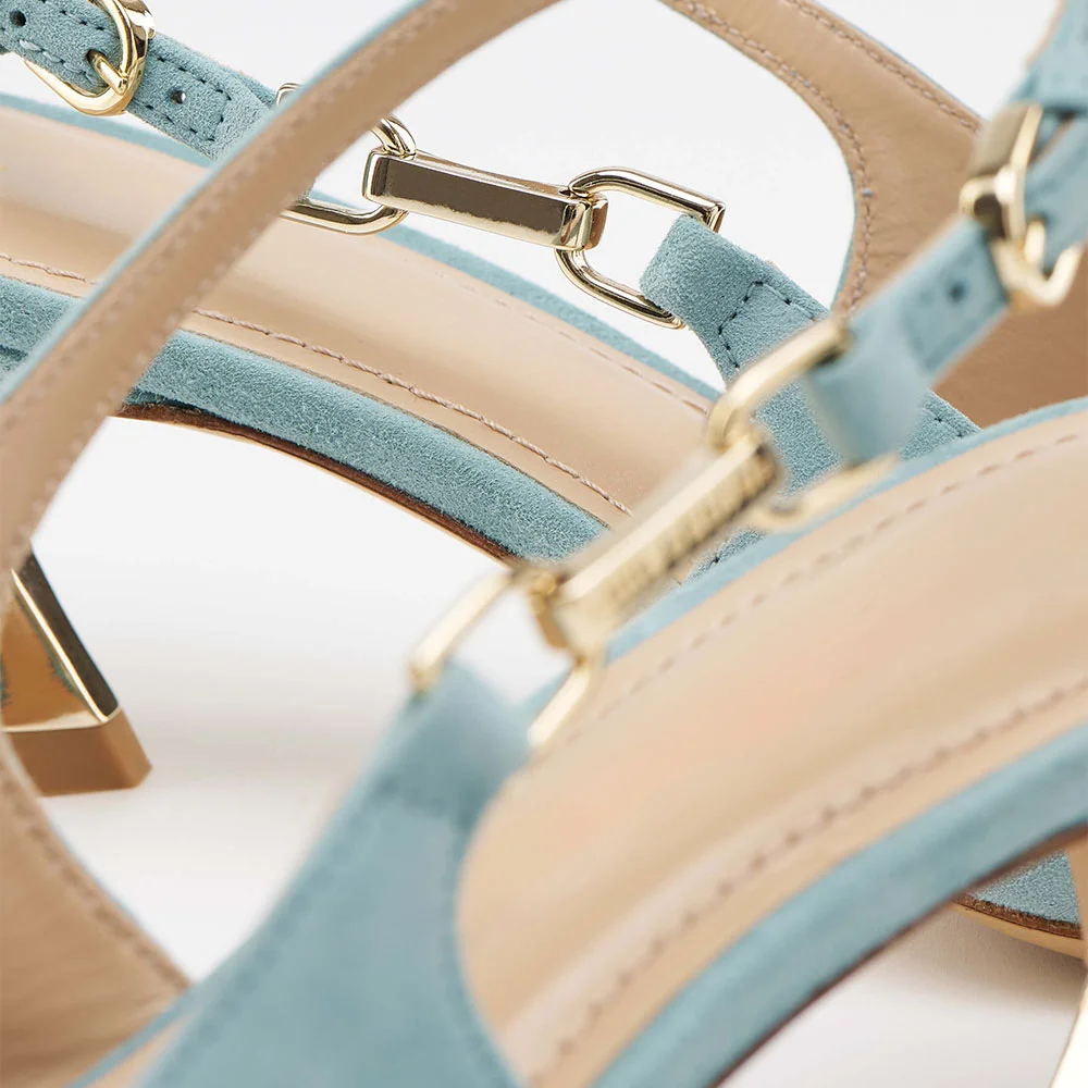 Light Blue Vegan Suede Pointed Toe Buckle Slingback Pumps Heels
