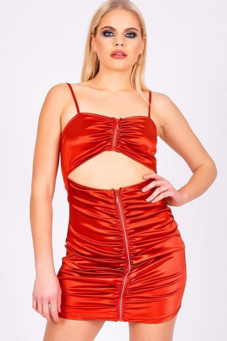 Burnt Orange Ruched Front Diamante Zip Mini Dress Katch Me
