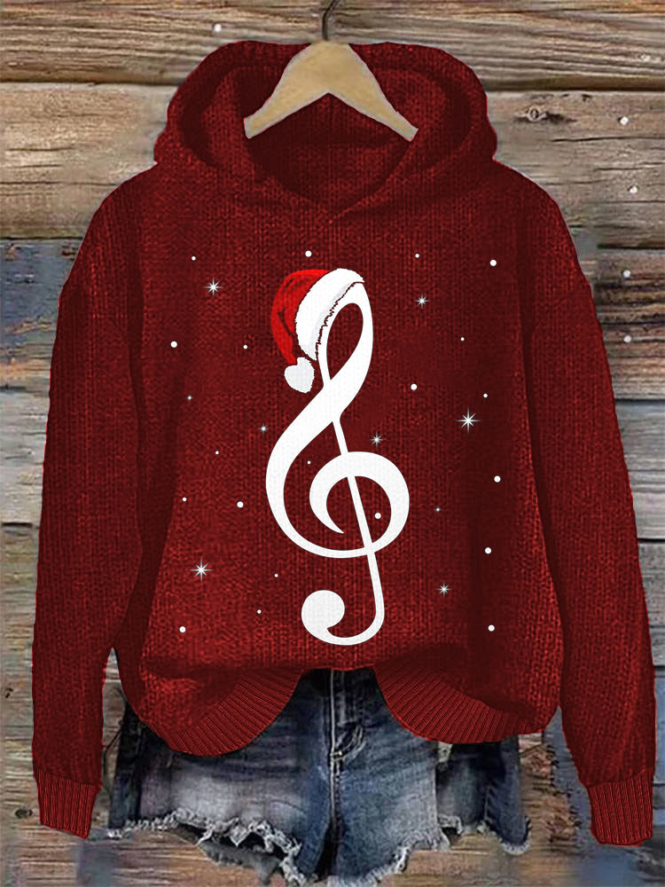 Merry Christmas Music Note Santa Hat Cozy Knit Hooded Sweater wearshes