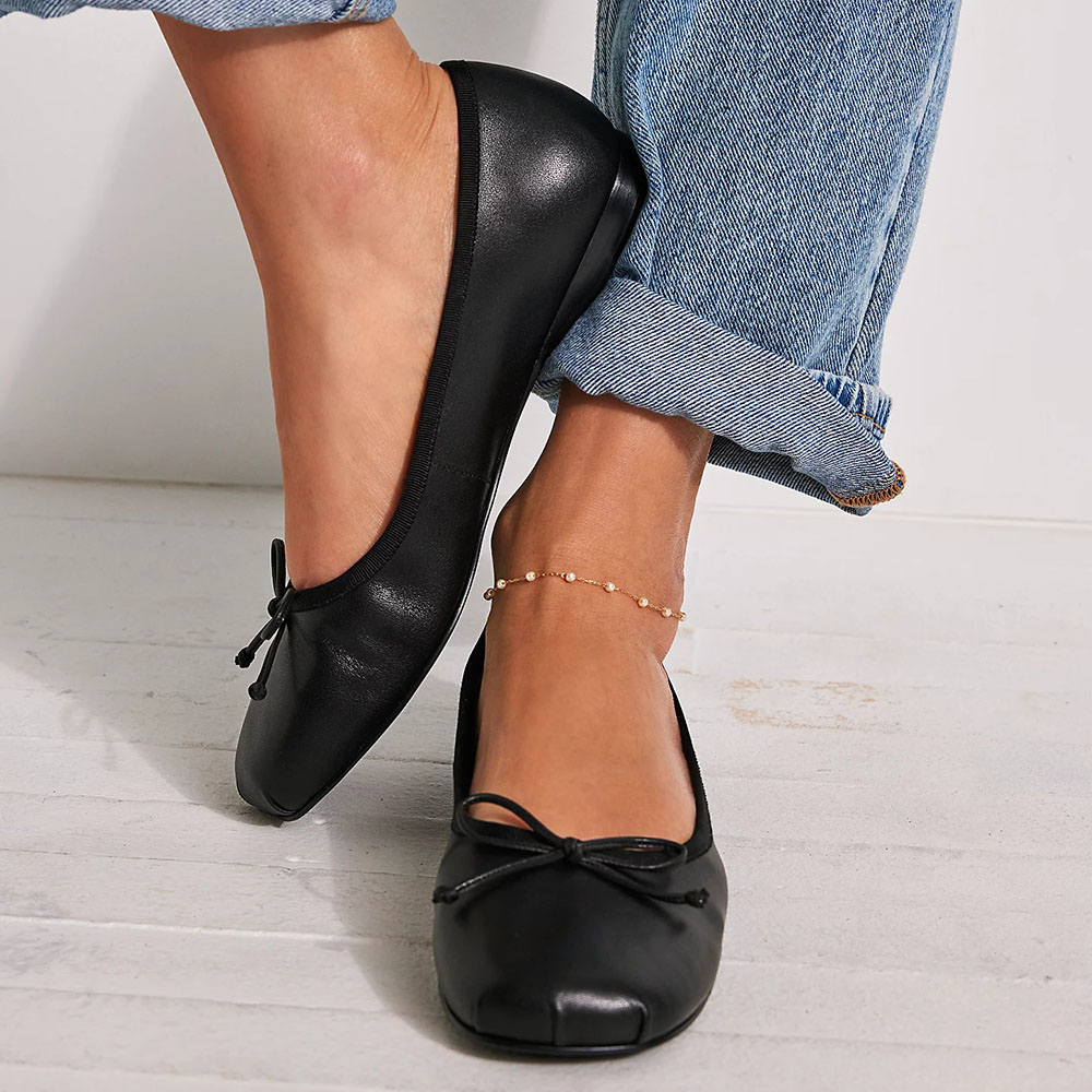 Black Round Toe Shoes Women's Classic Ballet Flats with Bow Nicepairs