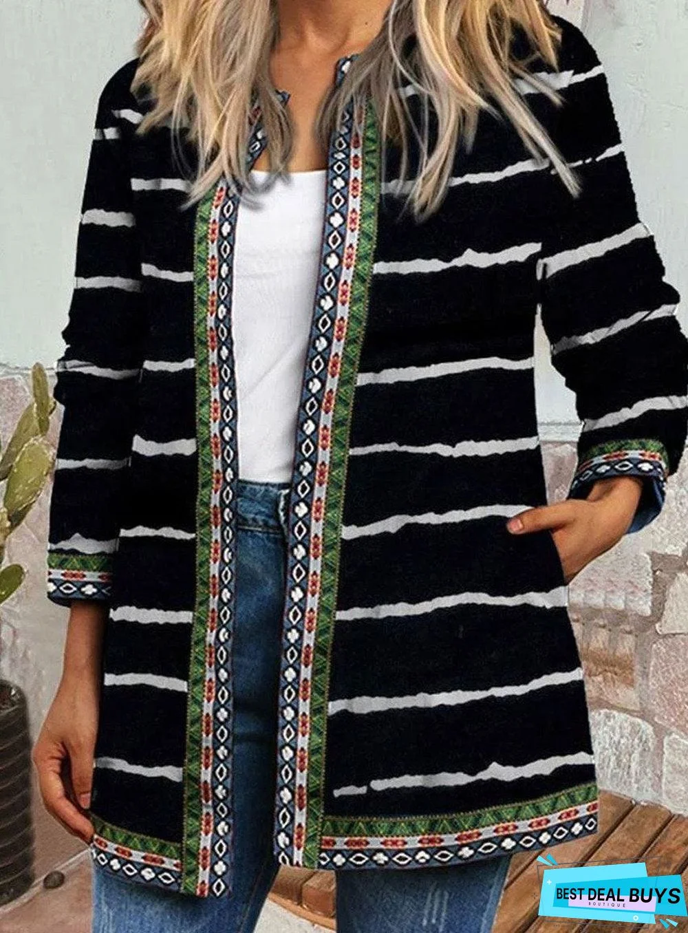 Striped Print Casual Loose Cardigan Jacket