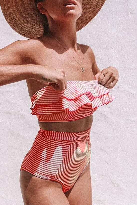 High Waisted Striped Ruffle Bandeau Bikini - Two Piece Swimsuit - Shop Trendy Women's Clothing | LoverChic