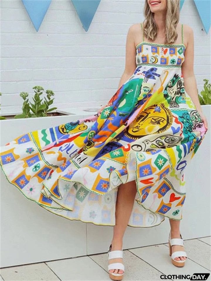 Women's Vogue Personality Graffiti Flowy Vacation Midi Sundress