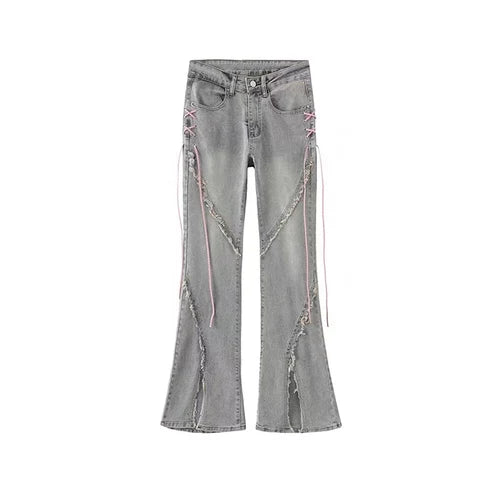 Aiertu Summer Denim Vintage Sweet Pants Women Slim Lace-up Korean Casual Flare Pants Female Japanese France Elegant Open Fork Jeans New Aiertu