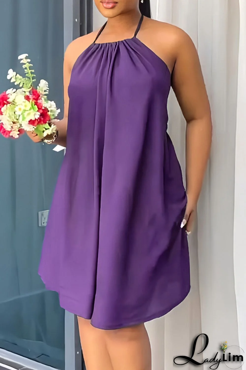 Purple Sexy Casual Solid Bandage Backless Halter Sleeveless Dress Dresses