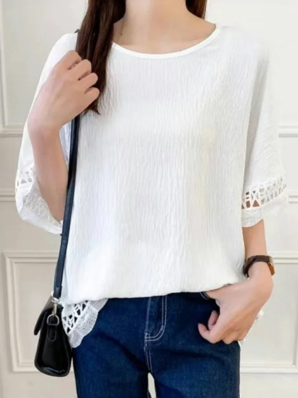 Flared Sleeves Half Sleeves Hollow Solid Color Round-Neck T-Shirts Tops
