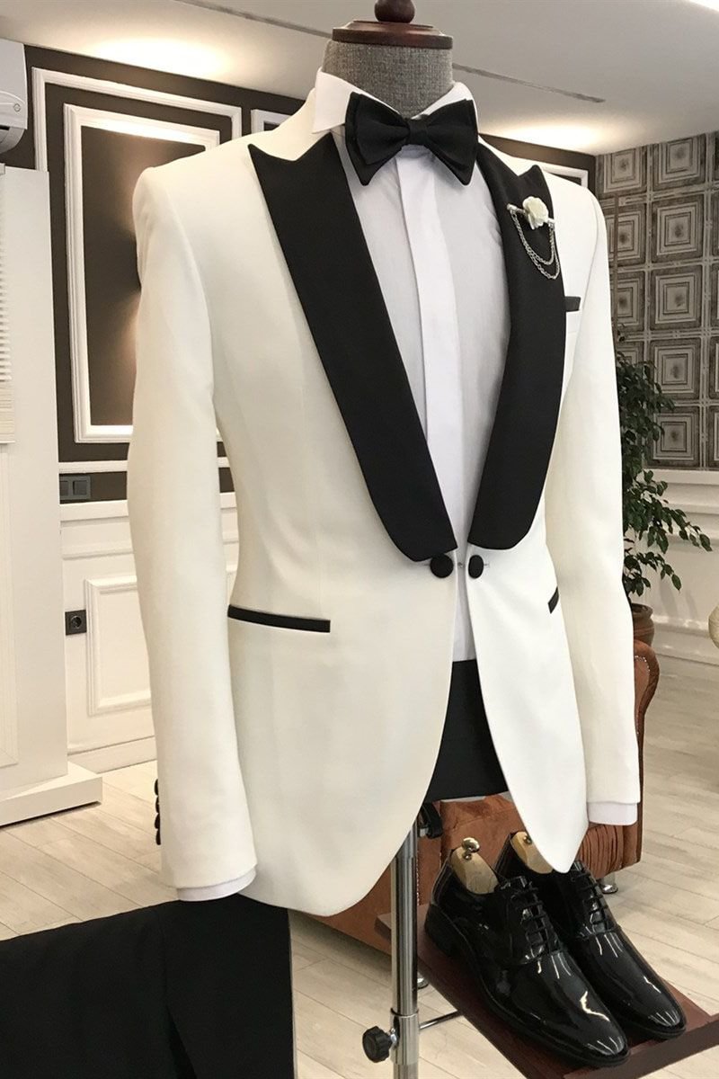 Glamorous White Mixed Black Peaked Lapel Prom Suits For Guys With One Button | Ballbellas Ballbellas