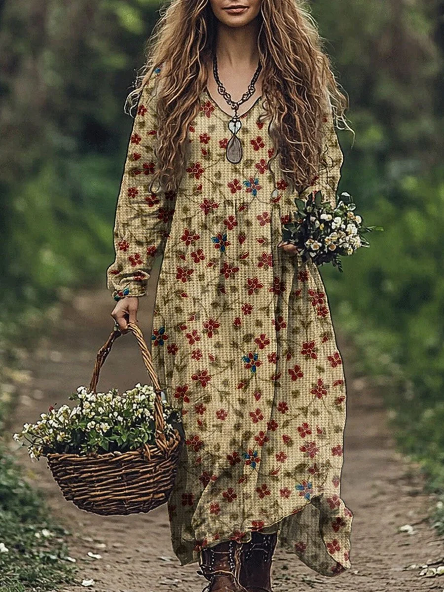 Women's  Retro Flower Art Print Pocket Cotton Dress