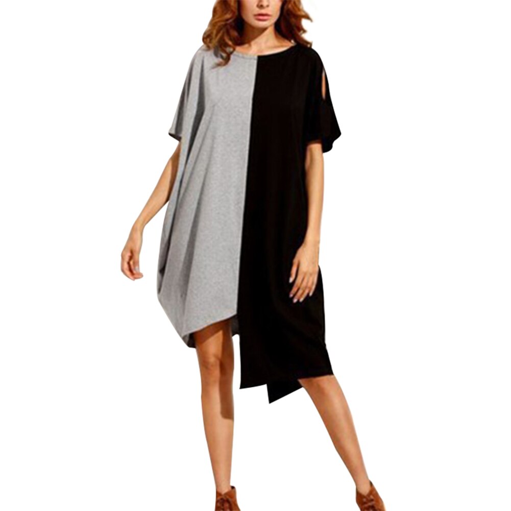 Newest Women Casual Dress Irregular Hem Short Sleeve Round Neck Loose Dress for Summer