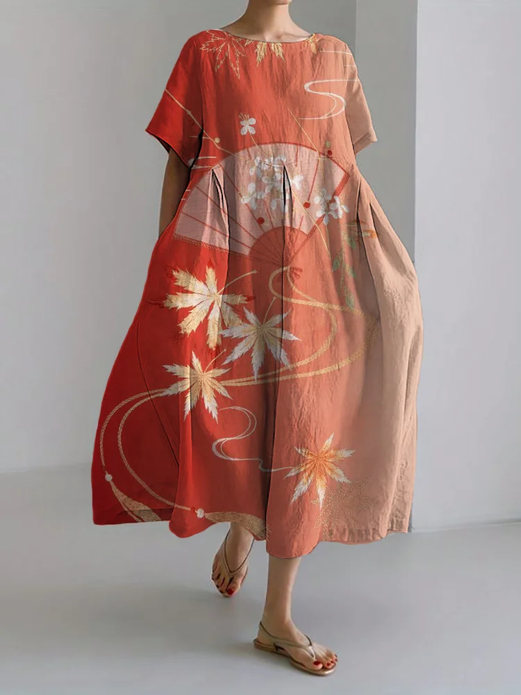 Maple Leaves & Fan Gradient Japanese Art Linen Blend Maxi Dress