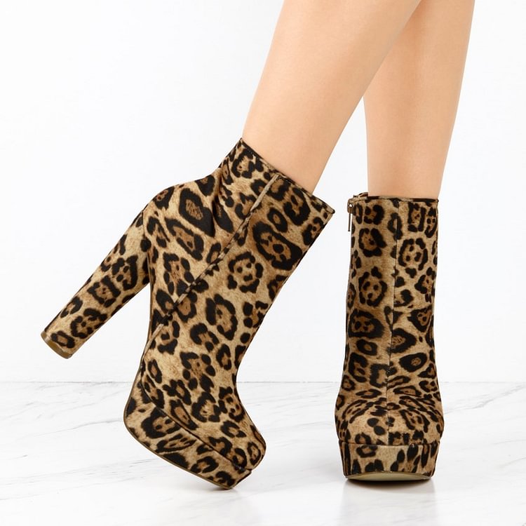 Leopard Print Boots Suede Chunky Heel Platform Ankle Boots |FSJ Shoes