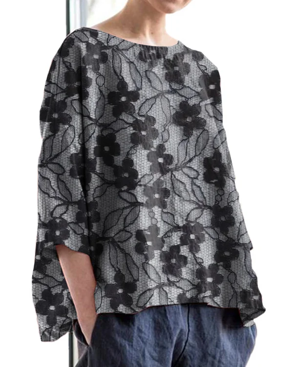 Vintage Floral Lace Embroidery Print Round Neck Linen Loose Top