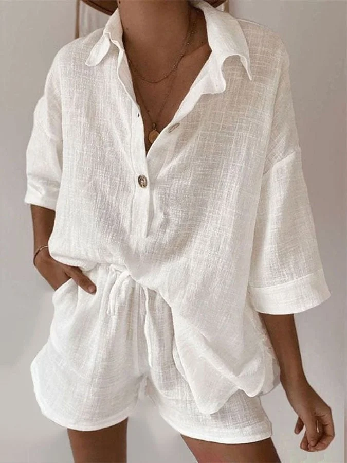 Women's Casual Solid Color Lapel Three-quarter Sleeve Shorts Two-piece Set