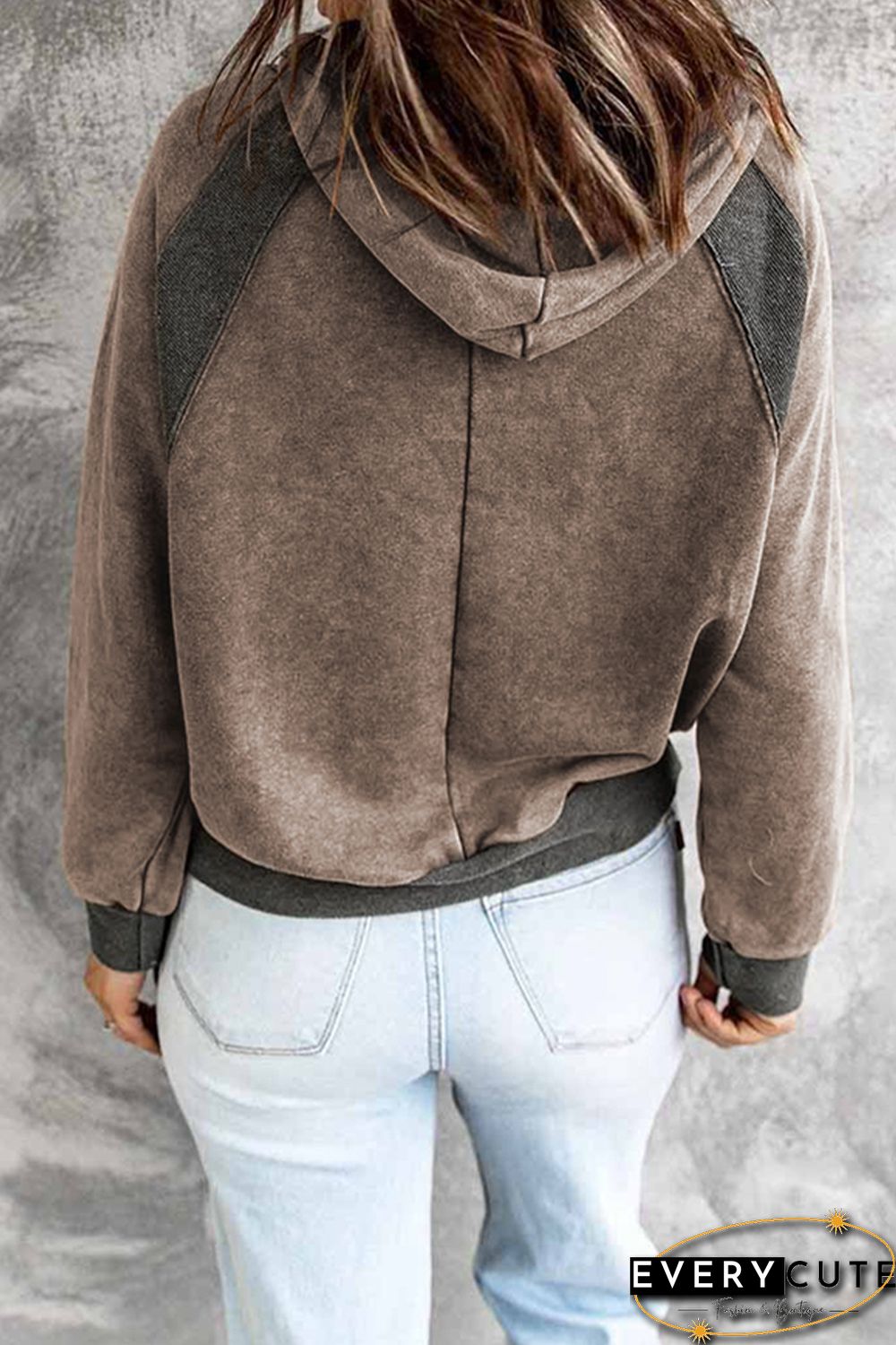 Khaki Casual Patchwork Drawstring Hoodie