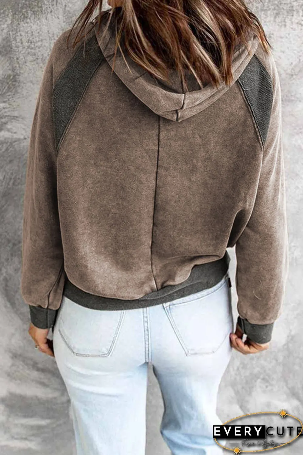 Khaki Casual Patchwork Drawstring Hoodie