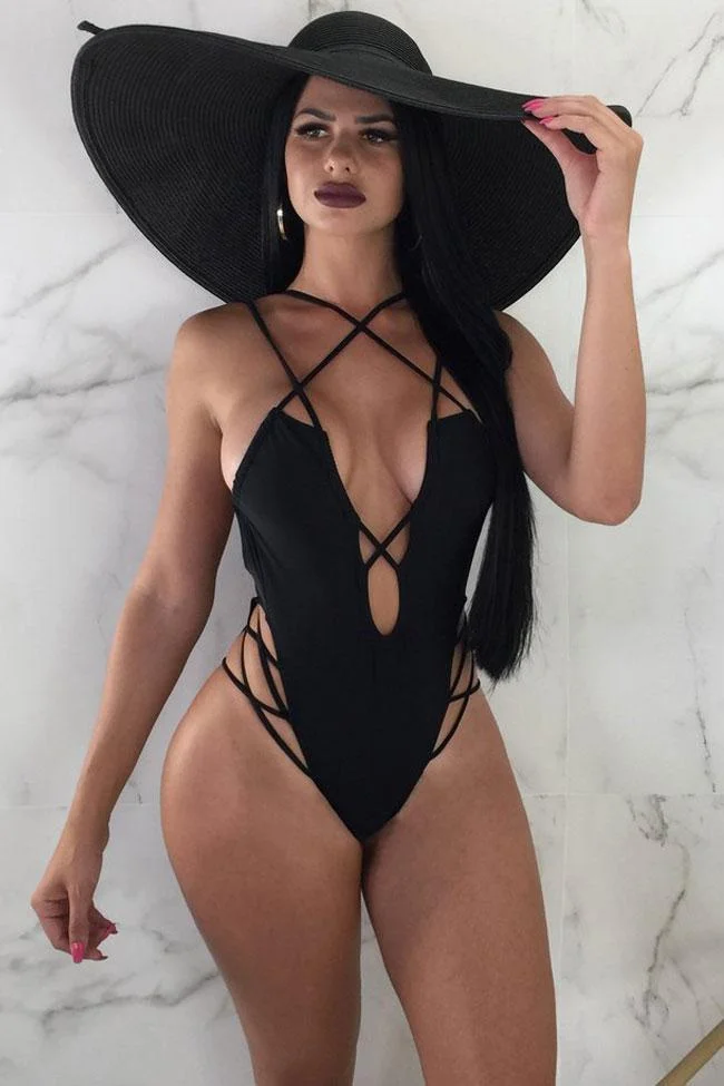 Low Back High Leg Crisscross Strappy Deep V Thong One Piece Swimsuit-elleschic