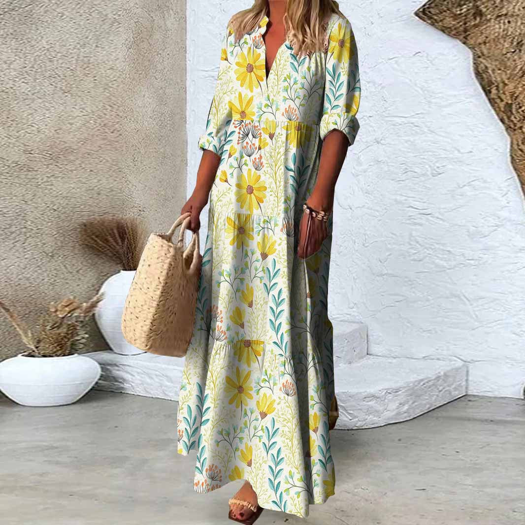 Women Floral,Yellow,Blue DZDN1065 SPU Printed Long Sleeve V-neck Maxi Dress