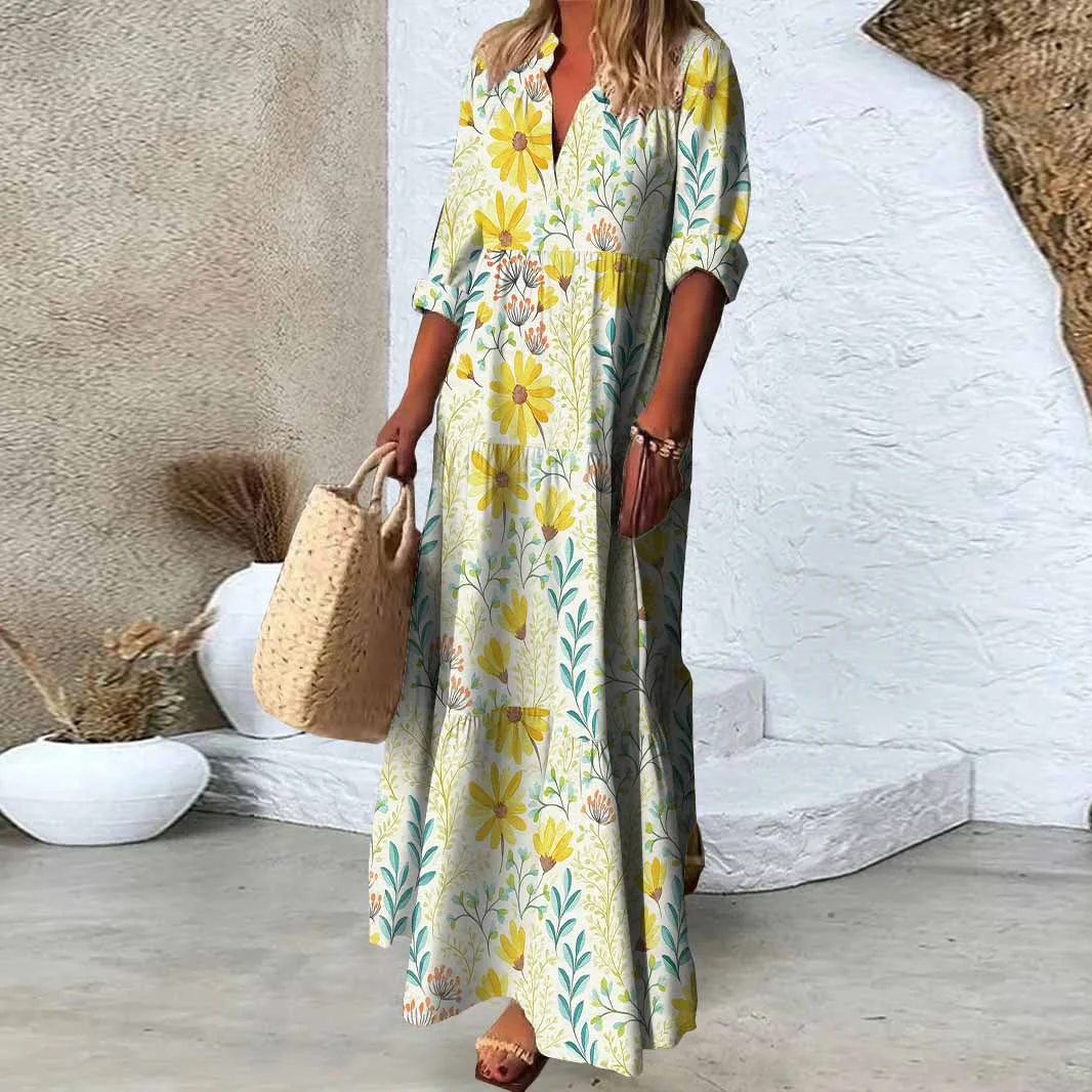 Women Floral,Yellow,Blue DZDN1065 SPU Printed Long Sleeve V-neck Maxi Dress