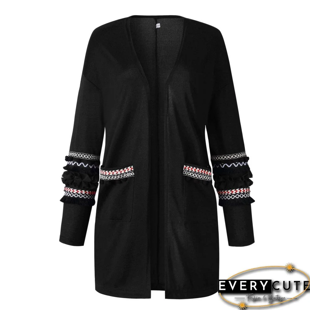 Front Open Long Sleeves Pocketed Cardigan Sweater