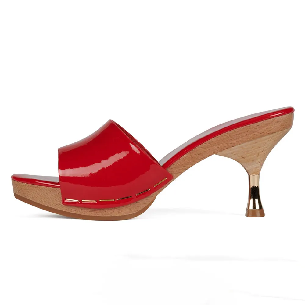 Red Open Toe Slip-On Platform Mules Sandals with Spool Heels