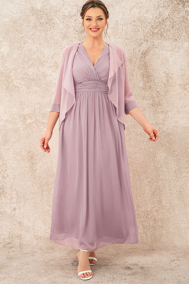 Flycurvy Plus Size Mother Of The Bride Light Purple Chiffon Pleated Ruffle Jacket Two Pieces Maxi Dress 2024 - Flycurvy 