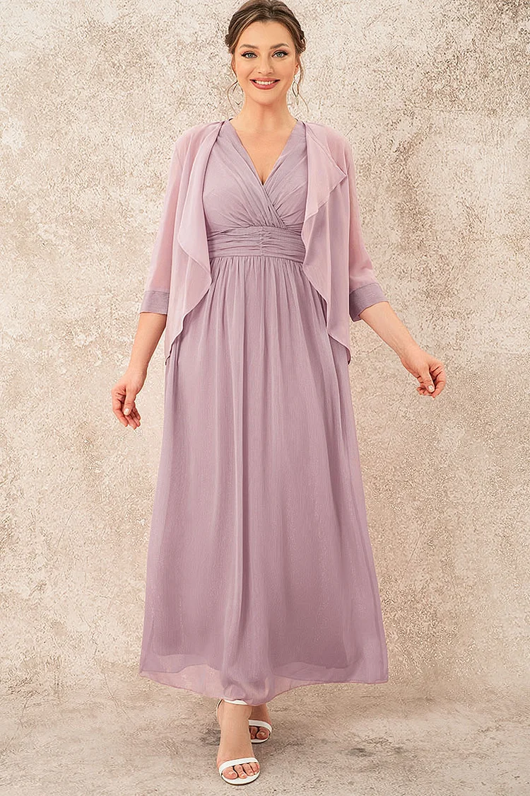 Flycurvy Plus Size Mother Of The Bride Light Purple Chiffon Pleated Ruffle Jacket Two Pieces Maxi Dress  Flycurvy [product_label]