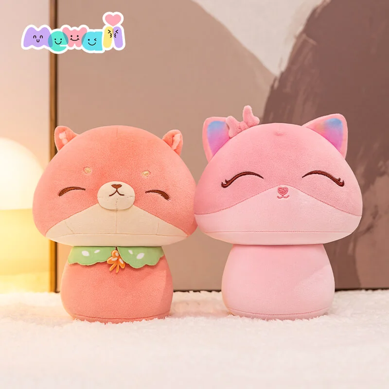 2-Pack Mewaii® Mushroom Family Little Fox & Pink Fox Kawaii Plush Pillow Squish Toy