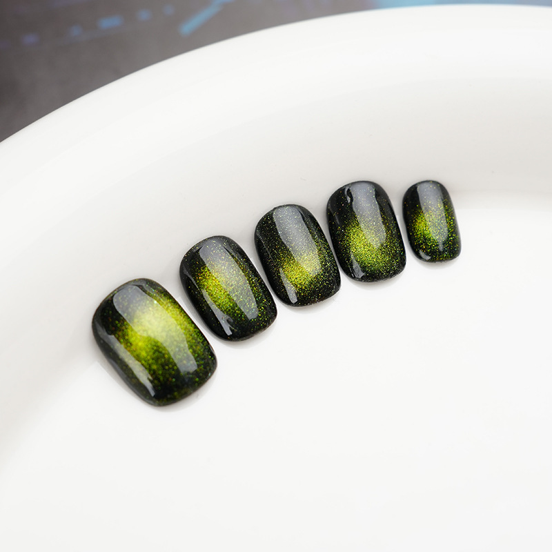 Premium Black Green Cat Eye Press-On Nails