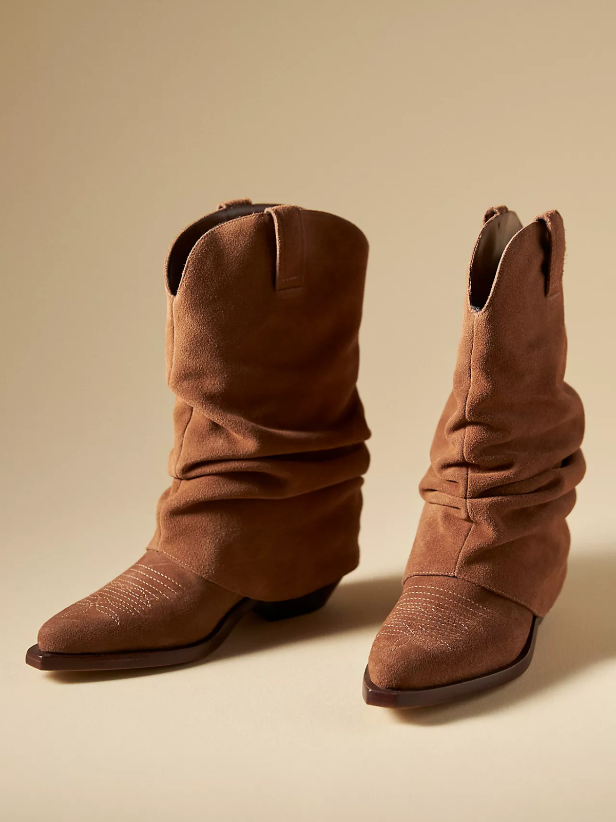 Taafo Brown Faux Suede Almond-Toe Slouchy Fold-Over Wide Mid Calf Cowgirl Boots