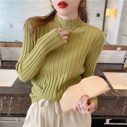 Uveng Uveng Winter Half-High Sweater Women Long Sleeve Pure Color Spring And Autumn Pit Stripe Loose Knitted Bottom Shirt