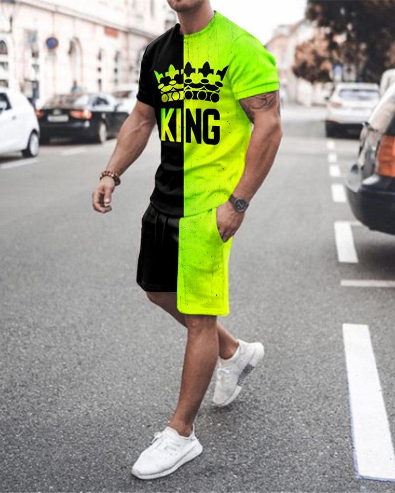 Men's Black-Green Printed Casual Short Sleeve Suit