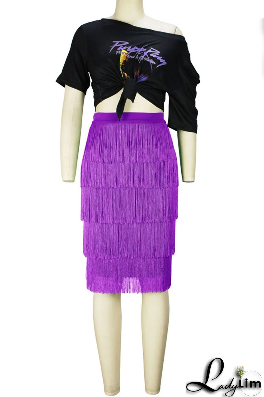 Purple Casual Print Tassel Split Joint O Neck Short Sleeve Two Pieces