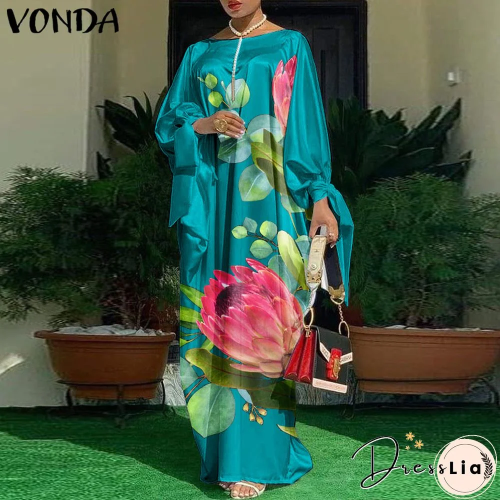 Women Kaftan Dress VONDA Summer Vintage Leopard Print Party Long Maxi Dress Casual Long Sleeve Pleated Robe Beach Vestidos