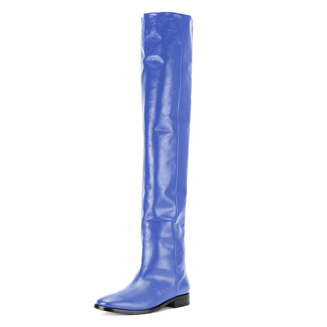 Blue Vegan Leather Almond Toe Pull-On Thigh-High Comfortable Boots