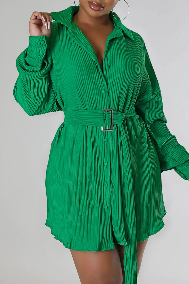 Green Casual Solid Patchwork Buckle Fold Turndown Collar Dresses | EGEMISS