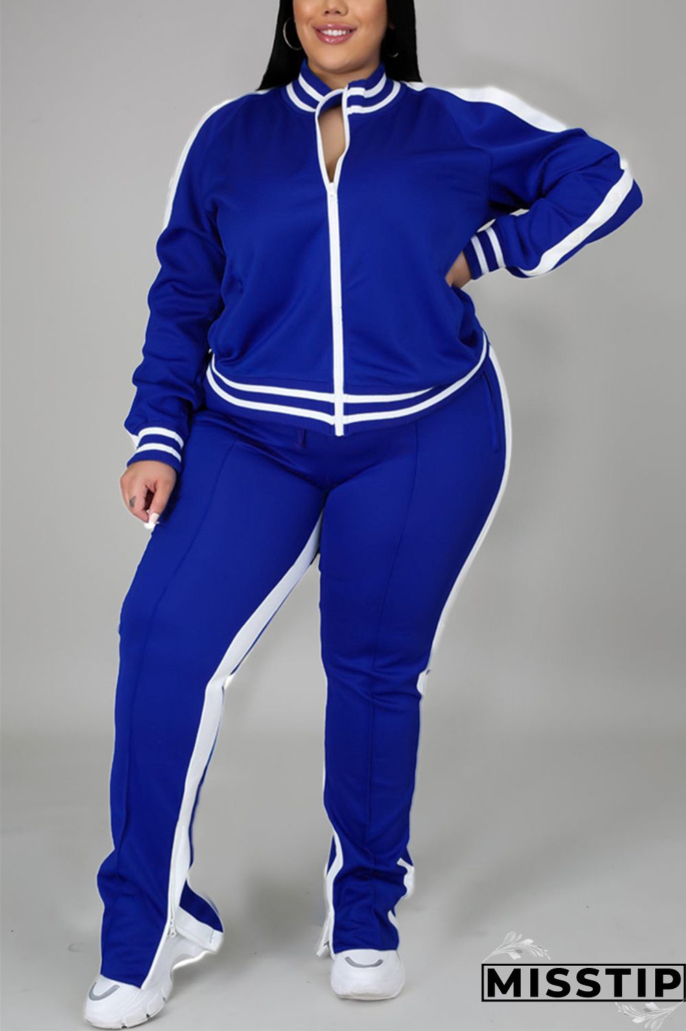 Black Fashion Casual Sportswear Zipper Collar Long Sleeve Regular Sleeve Patchwork Plus Size Set